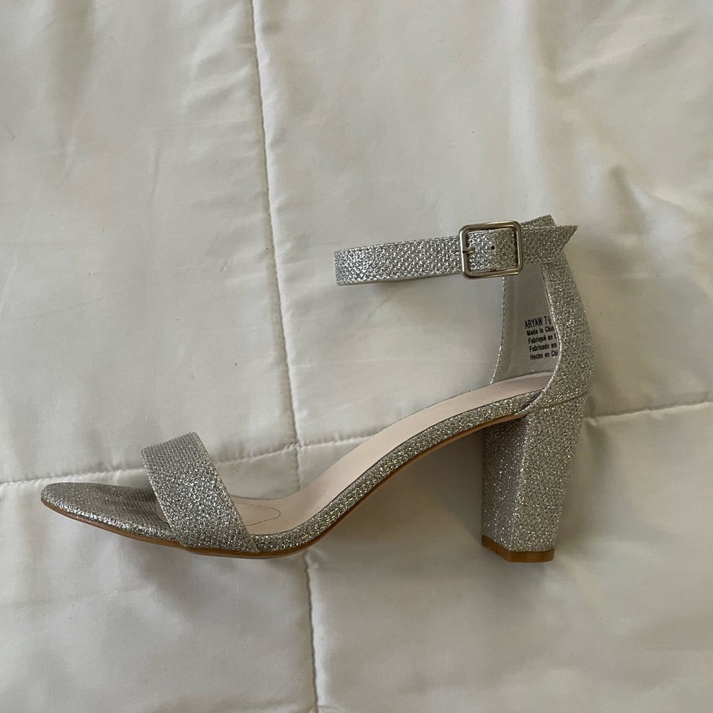 David’s Bridal, silver sparkle block heel